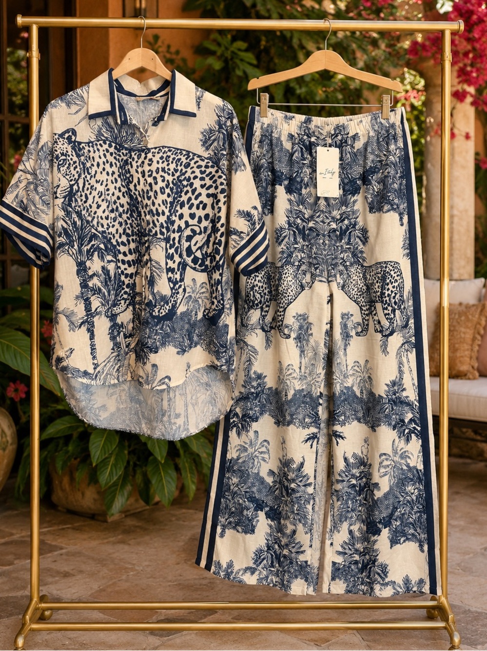 Made in Italy Animal Print Oversized Shirt and Pants Italian Set Blue OS
